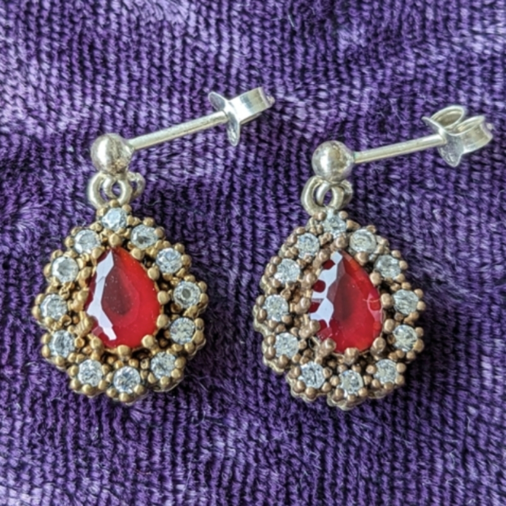 Vintage Drop Dangle Earrings With Natural Red Garnet (?) Gemstones